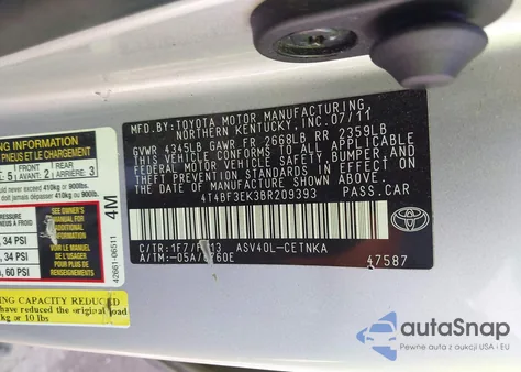 2011 Toyota Camry Le из США, поврежденный, VIN 4T4BF3EK3BR209393